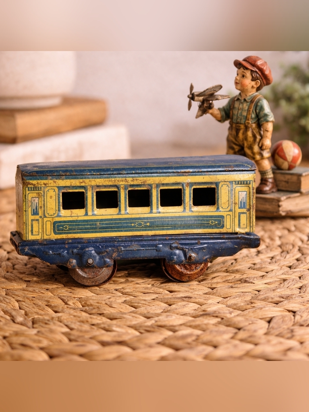Vintage Tin Toy Train Car Blue Yellow | Rustic Antique Decor